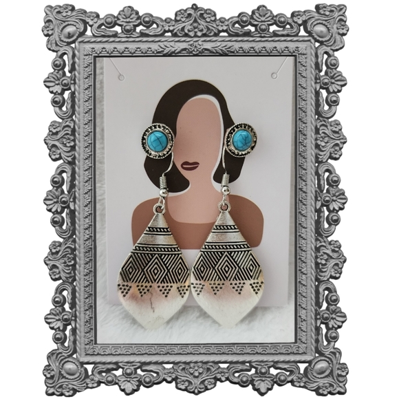 Silver Teardrop with Round Turquoise Earrings - Picture 1 of 6